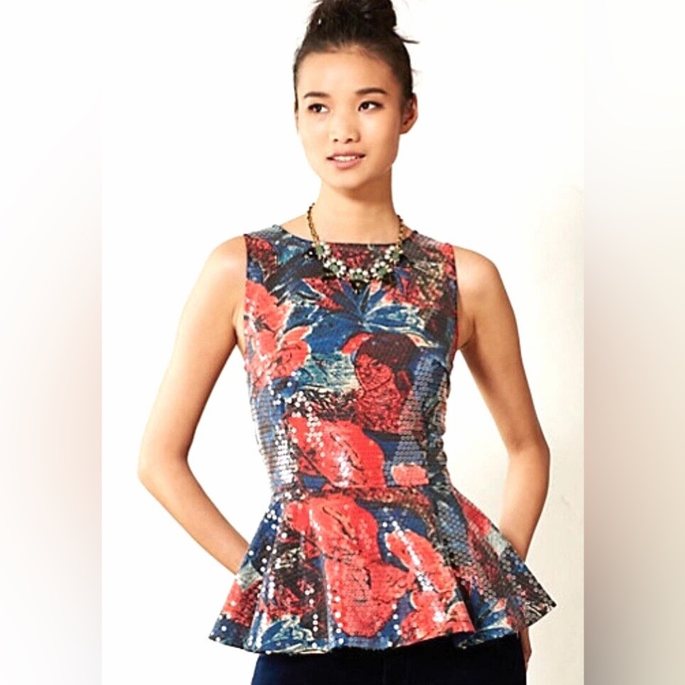 Wolven NWOT Sequined Sugared Fleur Peplum Top Women's Size‎ 4 Red Motif